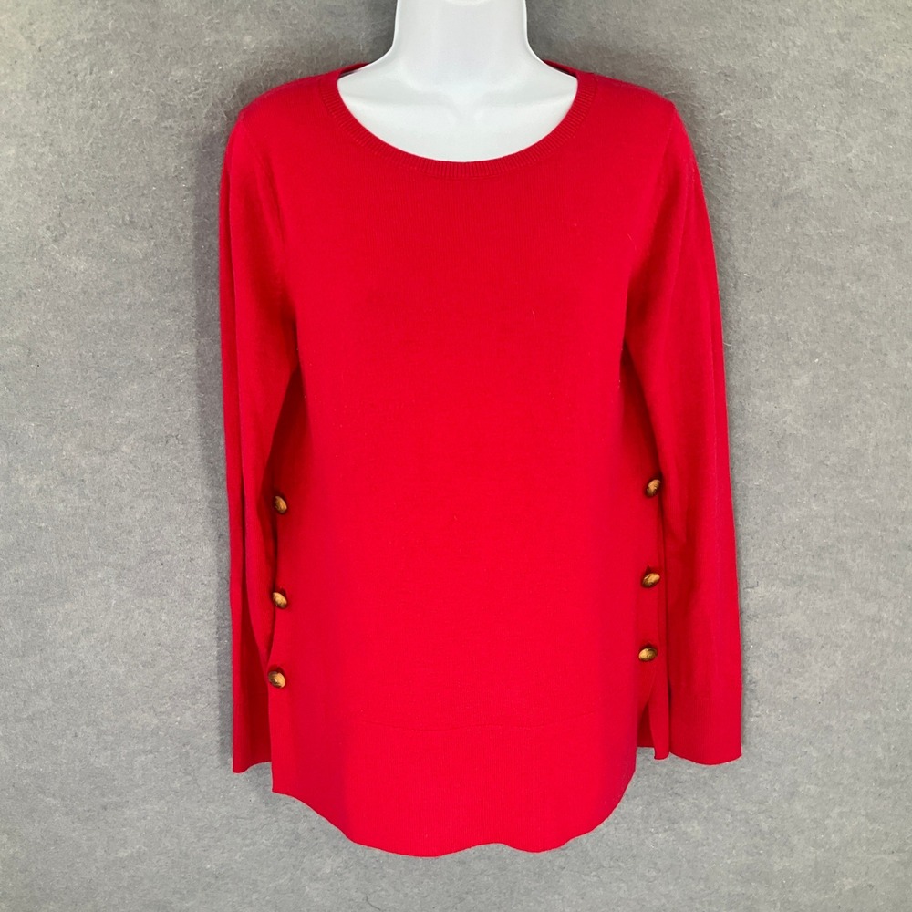 LOFT Sweater Womens Sz S Red Crew Neck Knit Button Accents Classic Preppy